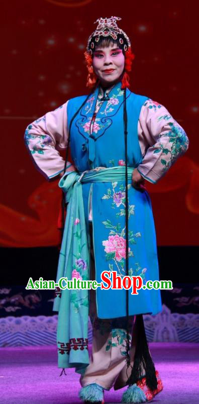 Chinese Shanxi Clapper Opera Xiaodan Garment Costumes and Headdress Qiu Sao Traditional Bangzi Opera Girl Blue Dress Young Lady Apparels