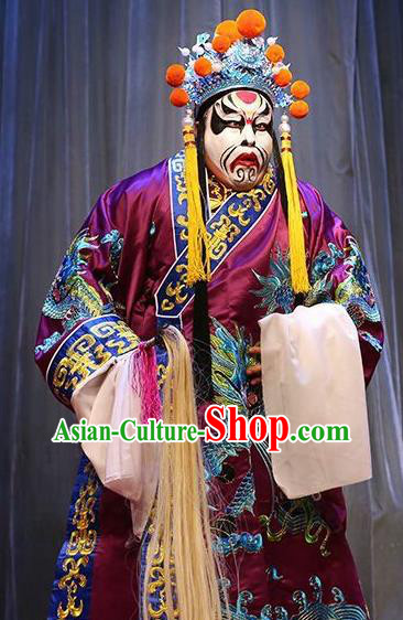 Chinese Bangzi Opera Treacherous Official Apparels Costumes and Headpieces Traditional Shanxi Clapper Opera Jing Role Garment Painted Role Clothing