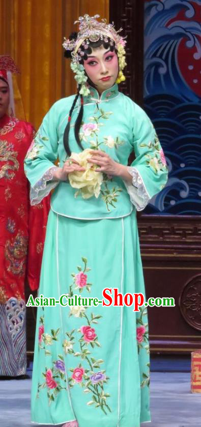 Chinese Hebei Clapper Opera Hua Tan Han Yujie Garment Costumes and Headdress The Story of Jade Bracelet Traditional Bangzi Opera Actress Green Dress Diva Apparels