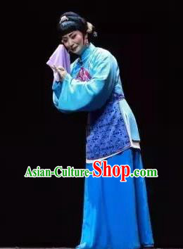 Chinese Jin Opera Country Woman Garment Costumes and Headdress Yu Chenglong Traditional Shanxi Opera Civilian Female Blue Dress Young Mistress Apparels