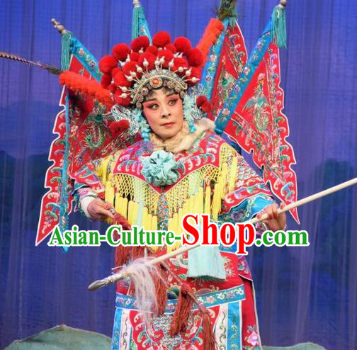 Chinese Jin Opera Tao Ma Tan Armor Garment Costumes and Headdress Li Hua Return Tang Traditional Shanxi Opera Female General Fan Lihua Dress Apparels with Flags