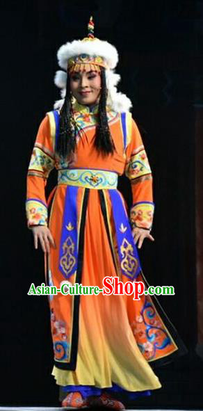 Chinese Jin Opera Mongolian Princess Yu Er Garment Costumes and Headdress Xiaozhuang Changge Traditional Shanxi Opera Hua Tan Dress Actress Apparels