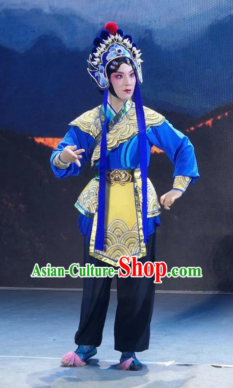 Chinese Jin Opera Martial Woman Garment Costumes and Headdress Xiong Guan Niang Zi Traditional Shanxi Opera Wudan Dress Female Soldier Apparels