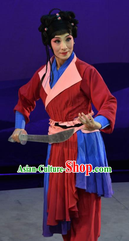 Chinese Jin Opera Civilian Woman Garment Costumes and Headdress Xiong Guan Niang Zi Traditional Shanxi Opera Wudan Dress Female Swordsman Apparels