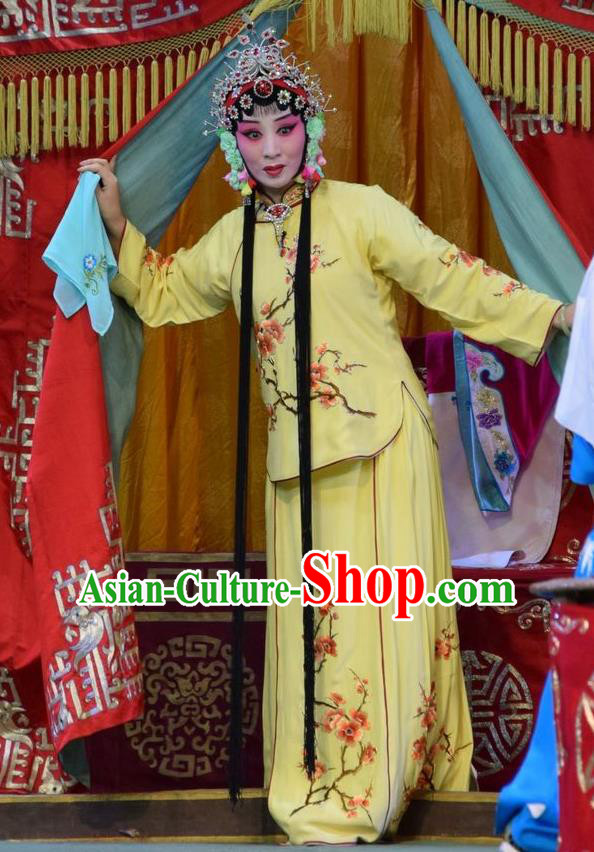 Chinese Jin Opera Actress Yin Bilian Garment Costumes and Headdress Fu Gui Tu Traditional Shanxi Opera Young Beauty Yellow Dress Hua Tan Apparels