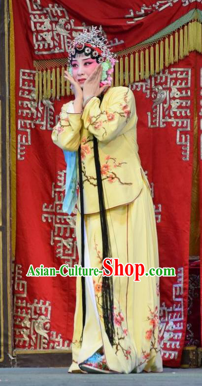 Chinese Jin Opera Actress Yin Bilian Garment Costumes and Headdress Fu Gui Tu Traditional Shanxi Opera Young Beauty Yellow Dress Hua Tan Apparels