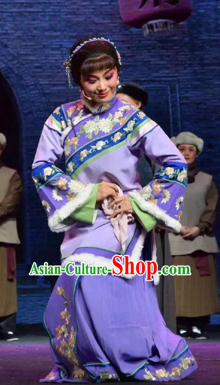 Chinese Jin Opera Young Mistress Garment Costumes and Headdress Wang Jia Da Yuan Traditional Shanxi Opera Hua Tan Purple Dress Rich Female Apparels
