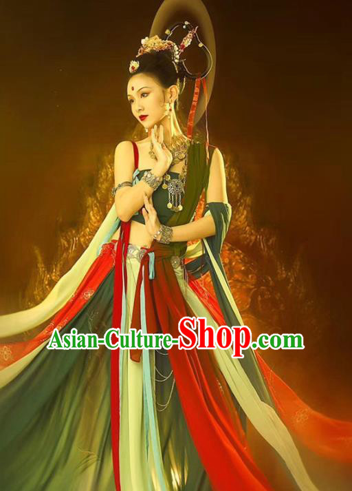 Chinese Traditional Tang Dynasty Court Lady Historical Costumes Ancient Dunhuang Flying Apsaras Dance Hanfu Dress Apparels and Headdress Complete Set