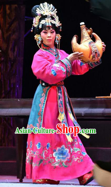 Chinese Jin Opera Xiaodan Garment Costumes and Headdress Fenyang King Traditional Shanxi Opera Servant Girl Apparels Maid Lady Rosy Dress