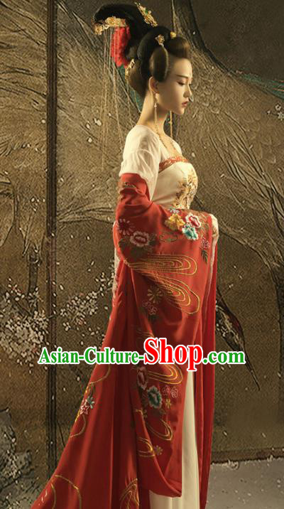 Chinese Ancient Imperial Consort Yang Hanfu Dress Apparels Traditional Tang Dynasty Magnificent Concubine Historical Costumes and Headdress Complete Set