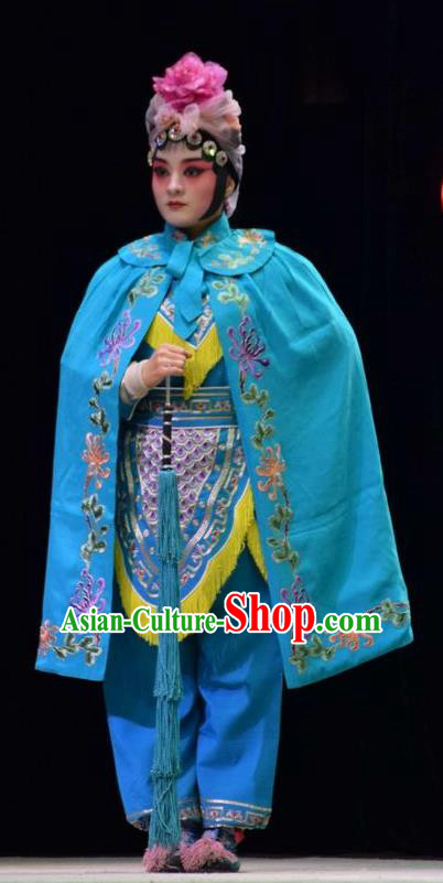 Chinese Jin Opera Wudan Garment Costumes and Headdress Big Feet Empress Traditional Shanxi Opera Woman Soldier Apparels Martial Female Armor Dress