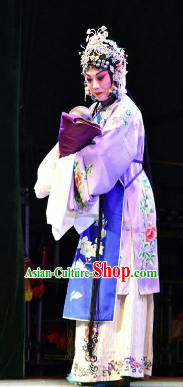 Chinese Jin Opera Young Female Garment Costumes and Headdress The Lotus Lantern Traditional Shanxi Opera Goddess Apparels Country Woman Purple Dress