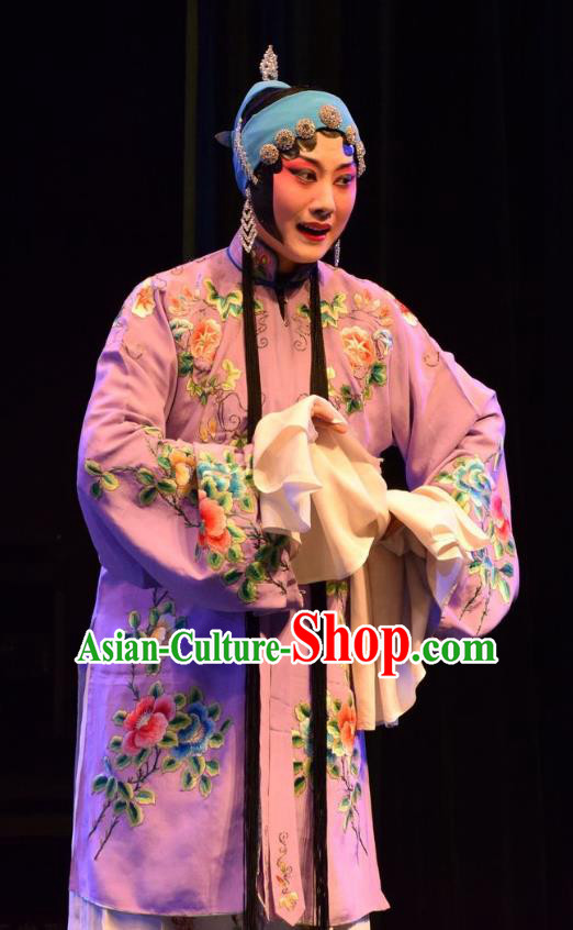 Chinese Jin Opera Actress Garment Costumes and Headdress Shou Jiang Wei Traditional Shanxi Opera Hua Tan Apparels Young Mistress Purple Dress