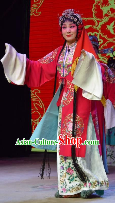 Chinese Jin Opera Diva Qiu Liyu Garment Costumes and Headdress Legend of Leper Traditional Shanxi Opera Hua Tan Apparels Actress Red Dress