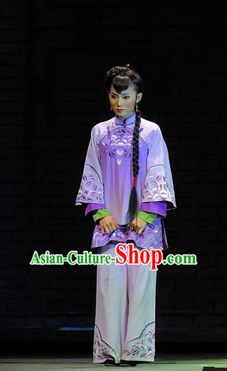 Chinese Jin Opera Xiaodan Garment Costumes and Headdress Red Lantern Traditional Shanxi Opera Servant Girl Apparels Maid Lady Purple Dress