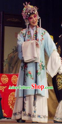 Chinese Henan Opera Diva Qian Yulian Garment Costumes and Headdress The Romance of Hairpin Traditional Qu Opera Hua Tan Apparels Actress Blue Dress