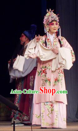 Chinese Henan Opera Diva Qian Yulian Garment Costumes and Headdress The Romance of Hairpin Traditional Qu Opera Hua Tan Apparels Actress Pink Dress