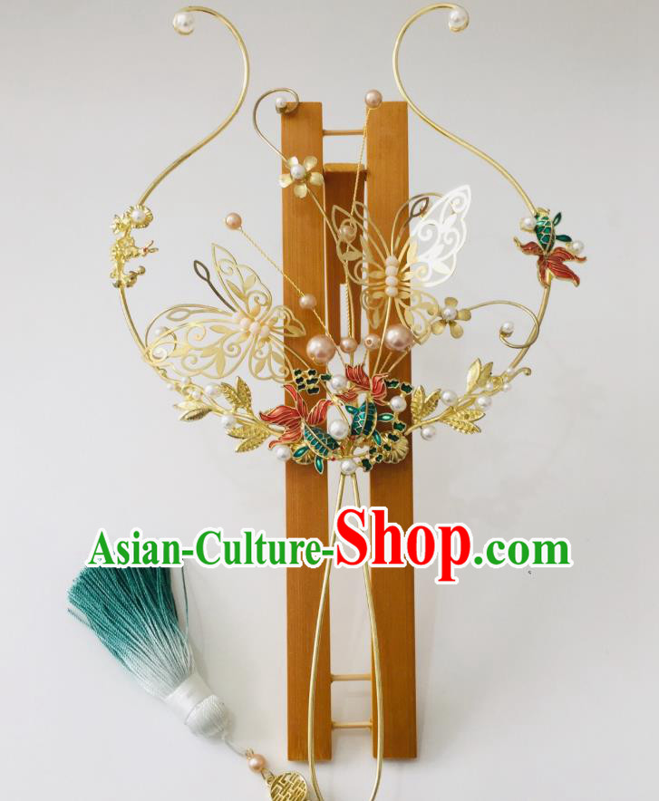 Chinese Ancient Wedding Round Fan Cloisonne Palace Fan Handmade Bride Prop Traditional Golden Butterfly Hanfu Fan