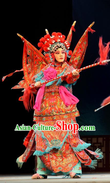 Chinese Han Opera Tao Ma Tan Garment Costumes and Headdress Traditional Hubei Hanchu Opera Female General Zhong Wuyan Apparels Red Kao Dress with Flags