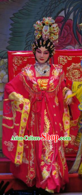 Chinese Cantonese Opera Concubine Yang Yuhuan Garment The Long Regret Costumes and Headdress Traditional Guangdong Opera Apparels Young Female Red Dress