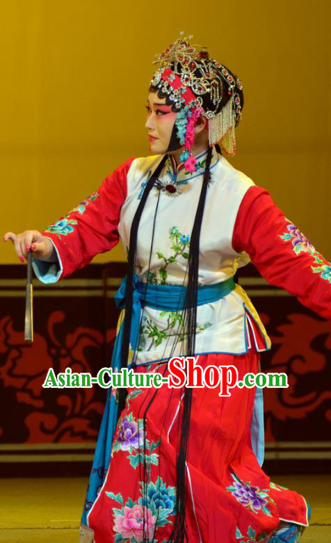 Chinese Han Opera Xiaodan Garment Hua Tian Ba Cuo Costumes and Headdress Traditional Hubei Hanchu Opera Maid Lady Apparels Servant Girl Chun Lan Dress