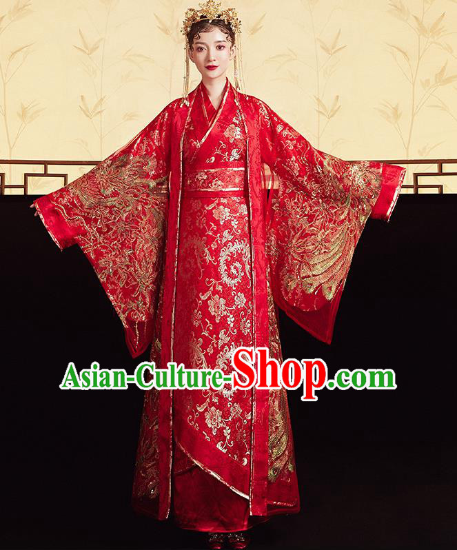Chinese Ancient Bride Red Dress Traditional Hanfu Apparels Han Dynasty Princess Wedding Historical Costumes and Headdress Complete Set for Women