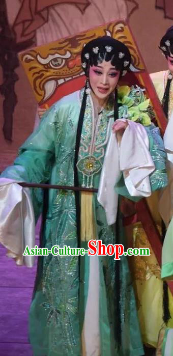 Chinese Cantonese Opera Diva Garment Hua Yue Ying Costumes and Headdress Traditional Guangdong Opera Young Beauty Apparels Hua Tan Du Caiwei Green Dress