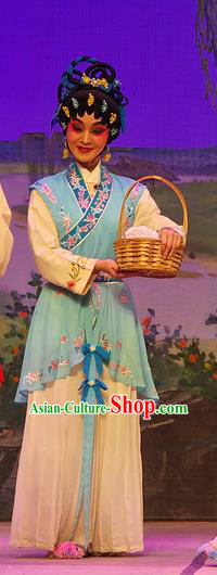 Chinese Cantonese Opera Hua Tan Garment Costumes and Headdress Traditional Guangdong Opera Young Beauty Apparels Village Girl Blue Dress
