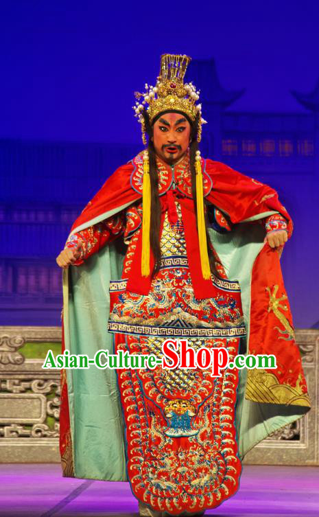 Chinese Guangdong Opera Monarch Red Armor Apparels Costumes and Headpieces Traditional Cantonese Opera King of Wu Garment Duke Fuchai Clothing