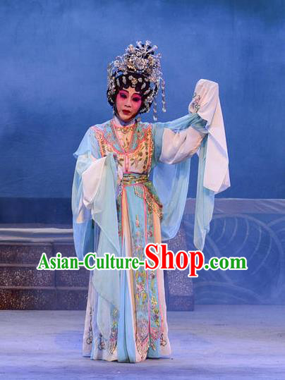 Chinese Cantonese Opera Hua Tan Xi Shi Garment Costumes and Headdress Traditional Guangdong Opera Hua Tan Apparels Empress Blue Dress