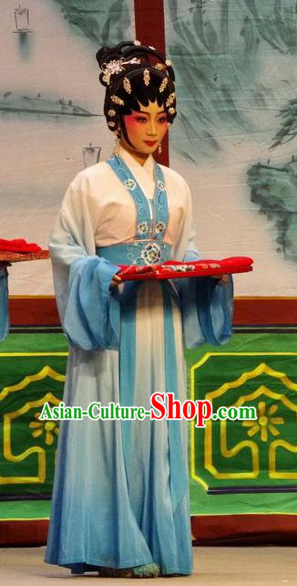 Chinese Cantonese Opera Xiaodan Garment Qian Tang Su Xiaoxiao Costumes and Headdress Traditional Guangdong Opera Young Lady Apparels Servant Girl Dress