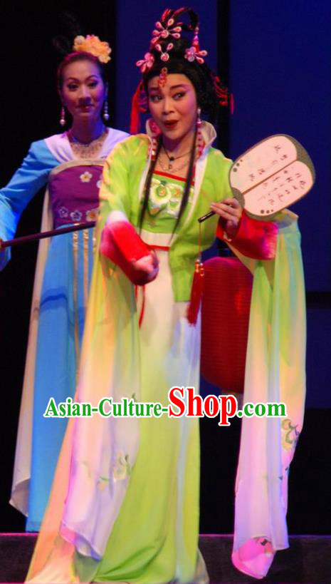 Chinese Cantonese Opera Hua Tan Garment Empress Zhou the Lesser Costumes and Headdress Traditional Guangdong Opera Queen Apparels Diva Green Dress