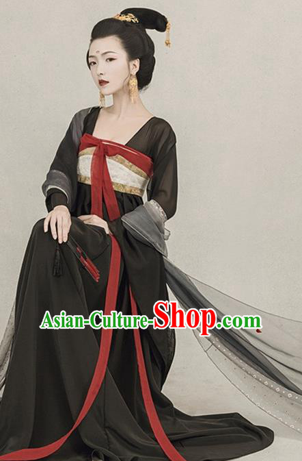 Chinese Traditional Drama Ancient Goddess Black Hanfu Dress Apparels Tang Dynasty Imperial Consort Historical Costumes and Headpieces Complete Set for Women