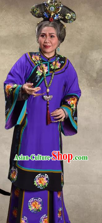 Chinese Cantonese Opera Dame Garment Barwo Guild Costumes and Headdress Traditional Guangdong Opera Elderly Female Apparels Pantaloon Purple Dress