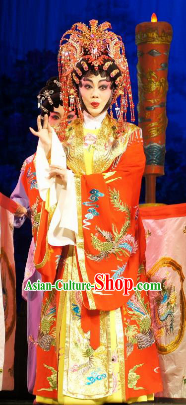 Chinese Cantonese Opera Hua Tan Garment Dian Man Gong Zhu Gan Fu Ma Costumes and Headdress Traditional Guangdong Opera Princess Fengxia Apparels Actress Red Dress