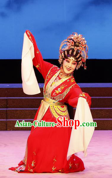 Chinese Cantonese Opera Goddess Red Garment The Lotus Lantern Costumes and Headdress Traditional Guangdong Opera Hua Tan Apparels Young Female Dress