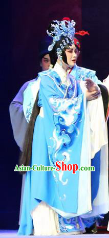 Chinese Cantonese Opera Imperial Consort Qi Garment Gao Emperor of Han Costumes and Headdress Traditional Guangdong Opera Young Female Apparels Actress Blue Dress