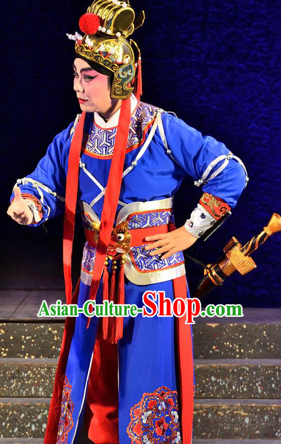 Chinese Guangdong Opera Martial Male Apparels Costumes and Headwear Traditional Cantonese Opera Wusheng Garment General Wei Tuo Blue Clothing