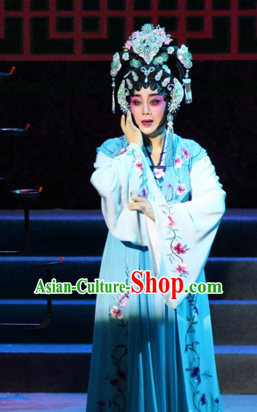 Chinese Cantonese Opera Young Female Garment Legend of Er Lang Costumes and Headdress Traditional Guangdong Opera Diva Mi Er Apparels Hua Tan Blue Dress