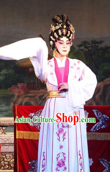 Chinese Cantonese Opera Hua Tan Garment The Mad Monk by the Sea Costumes and Headdress Traditional Guangdong Opera Actress Apparels Young Female Dress