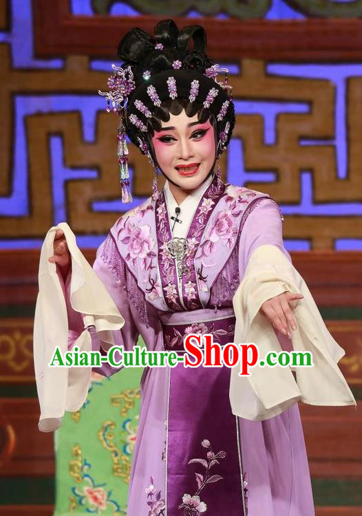 Chinese Cantonese Opera Young Woman Garment The Mad Monk by the Sea Costumes and Headdress Traditional Guangdong Opera Hua Tan Apparels Actress Ye Piaohong Purple Dress