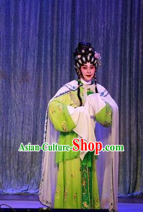 Chinese Cantonese Opera Diva Lin Daiyu Garment Costumes and Headdress Traditional Guangdong Opera Hua Tan Apparels Actress Green Dress