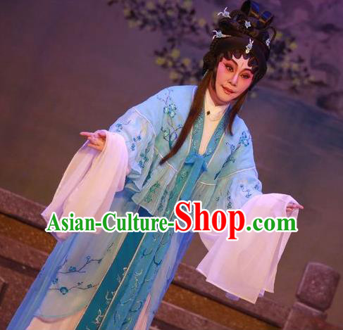Chinese Cantonese Opera Distress Maiden Garment Costumes and Headdress Traditional Guangdong Opera Actress Apparels Diva Lin Daiyu Blue Dress