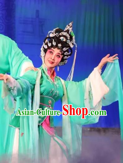 Chinese Cantonese Opera Actress Garment Milky Way Lovers Costumes and Headdress Traditional Guangdong Opera Hua Tan Apparels Goddess Zhi Nv Green Dress