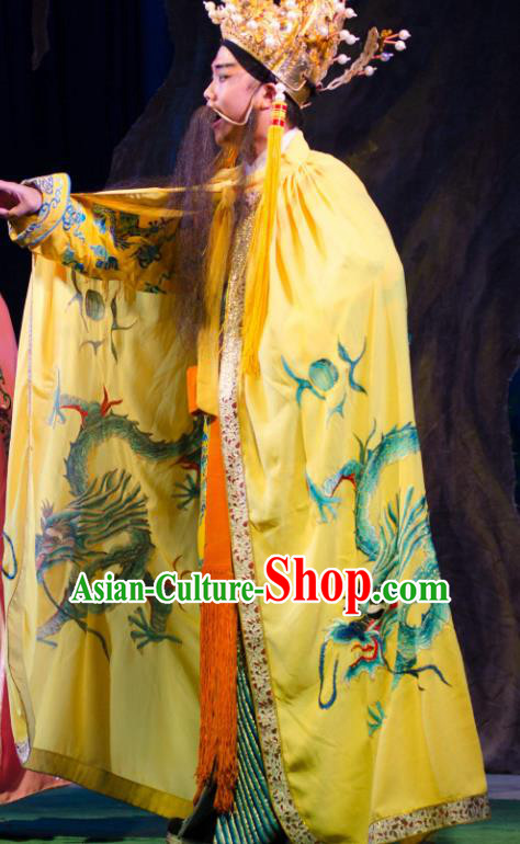 Chinese Guangdong Opera Elderly Male Apparels Costumes and Headwear Traditional Cantonese Opera Monarch Garment Emperor Clothing