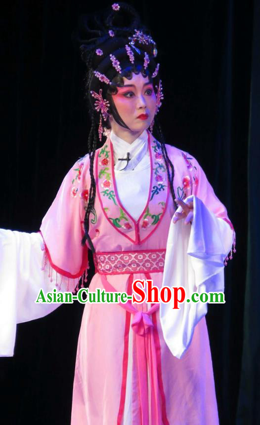 Chinese Cantonese Opera Young Beauty Garment Wu Nv Bai Shou Costumes and Headdress Traditional Guangdong Opera Diva Apparels Actress Pink Dress