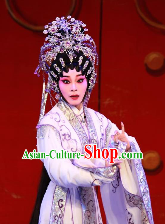 Chinese Cantonese Opera Hua Tan Garment Wu Suo Dong Gong Costumes and Headdress Traditional Guangdong Opera Young Female Apparels Actress Wei Peiniang Dress