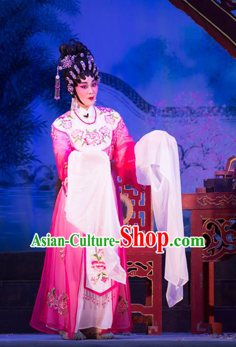 Chinese Cantonese Opera Princess Garment Wu Suo Dong Gong Costumes and Headdress Traditional Guangdong Opera Hua Tan Apparels Actress Rosy Dress