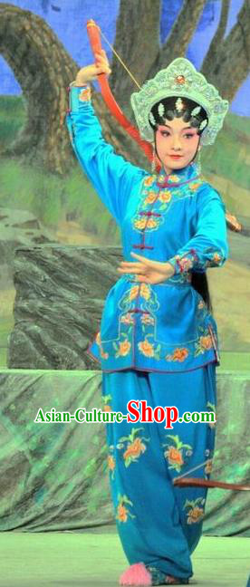 Chinese Cantonese Opera Martial Female Garment The Sword Costumes and Headdress Traditional Guangdong Opera Swordswoman Apparels Wudan Blue Dress