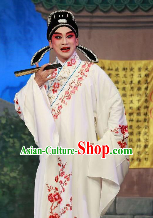 San Kan Yu Mei Chinese Guangdong Opera Scholar Apparels Costumes and Headwear Traditional Cantonese Opera Young Male Garment Childe Feng Jiajin Clothing